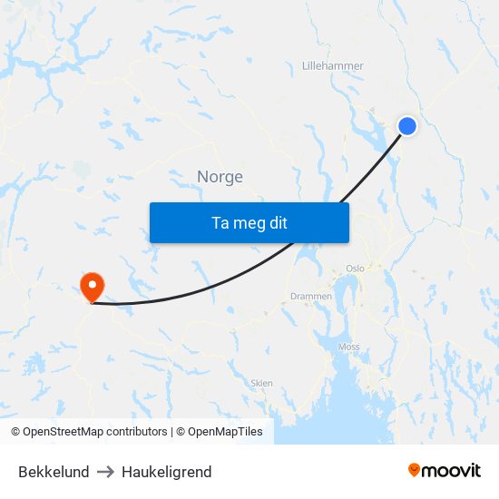 Bekkelund to Haukeligrend map