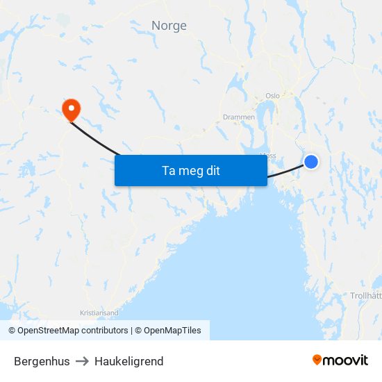 Bergenhus to Haukeligrend map