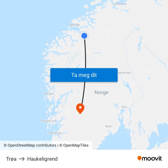 Trøa to Haukeligrend map