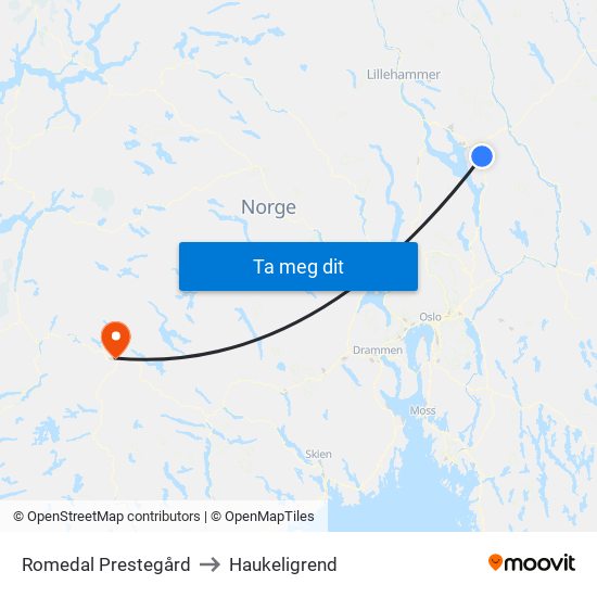 Romedal Prestegård to Haukeligrend map