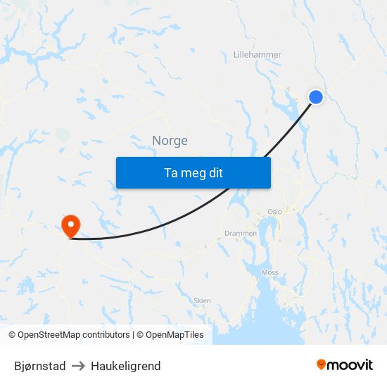 Bjørnstad to Haukeligrend map