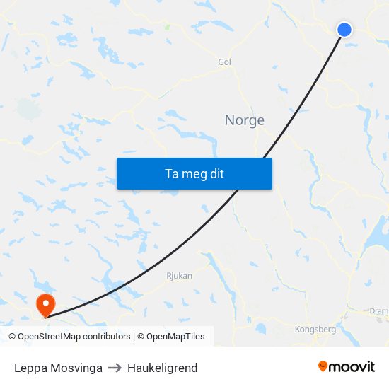 Leppa Mosvinga to Haukeligrend map