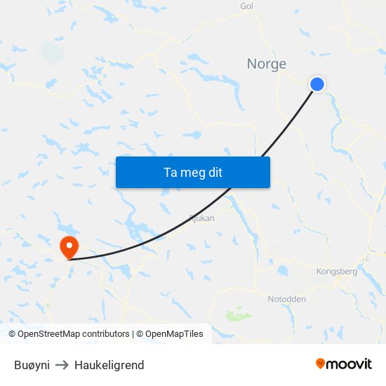 Buøyni to Haukeligrend map