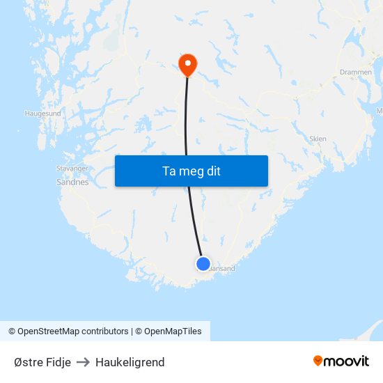 Østre Fidje to Haukeligrend map