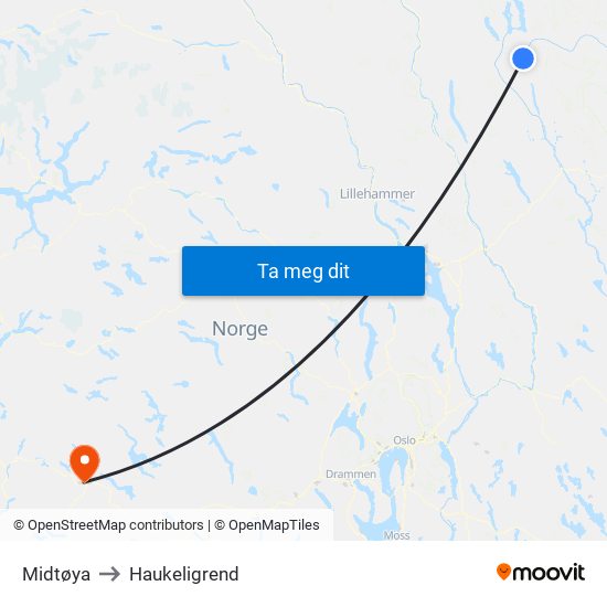 Midtøya to Haukeligrend map
