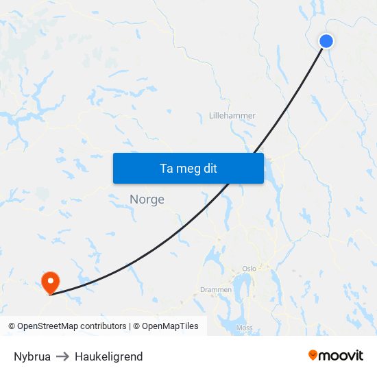 Nybrua to Haukeligrend map