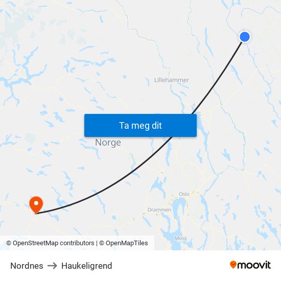 Nordnes to Haukeligrend map