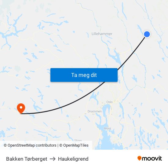 Bakken Tørberget to Haukeligrend map