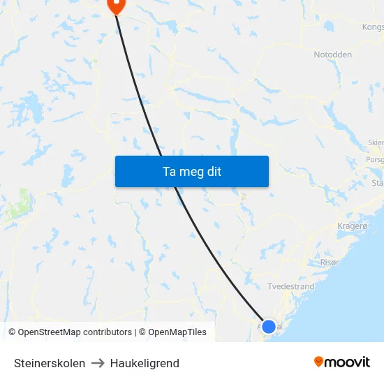 Steinerskolen to Haukeligrend map