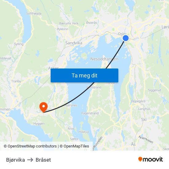 Bjørvika to Bråset map