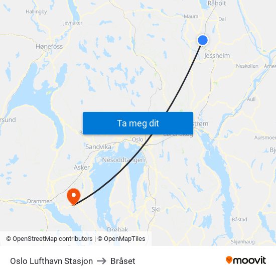 Oslo Lufthavn Stasjon to Bråset map
