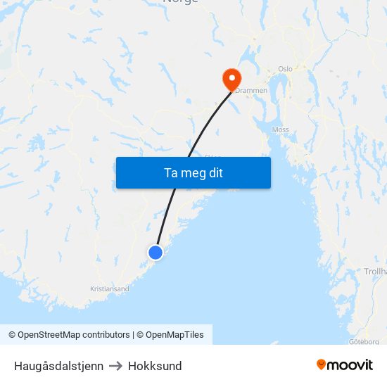 Haugåsdalstjenn to Hokksund map