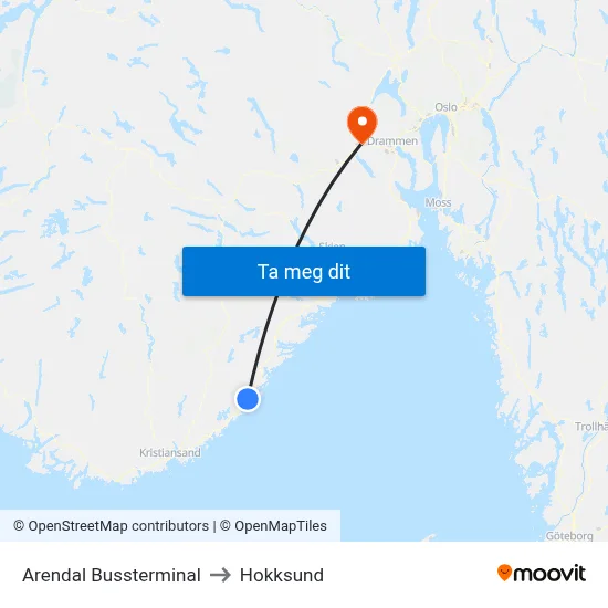 Arendal Bussterminal to Hokksund map