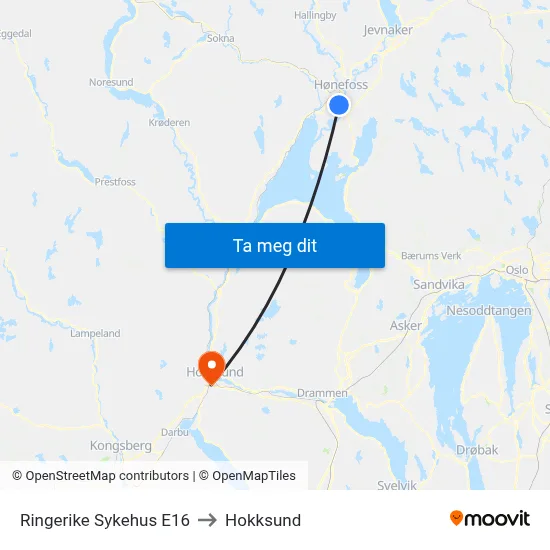 Ringerike Sykehus E16 to Hokksund map
