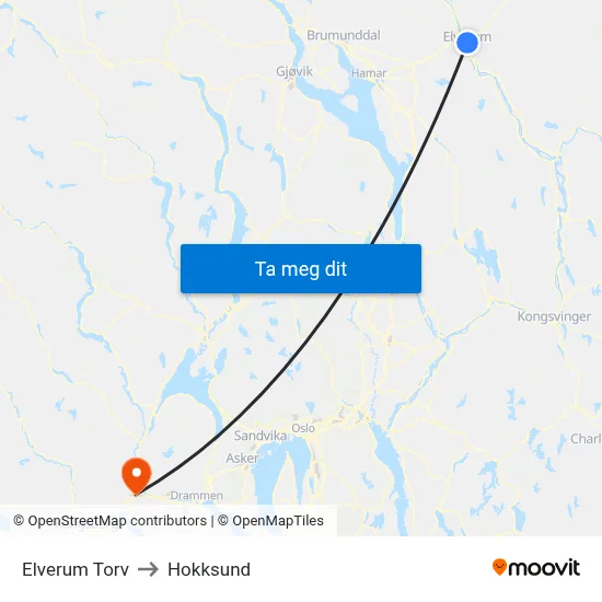 Elverum Torv to Hokksund map