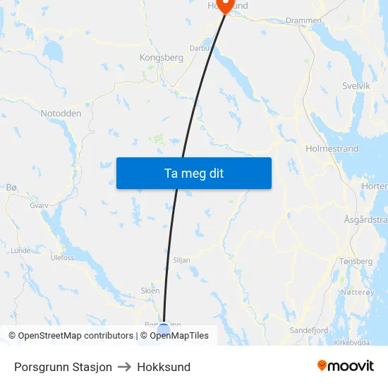 Porsgrunn Stasjon to Hokksund map