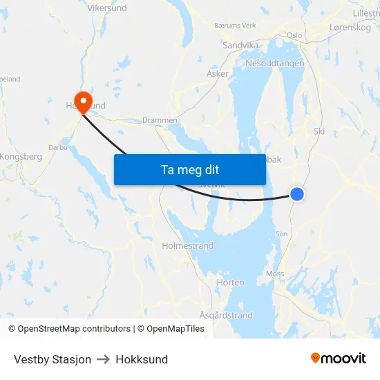 Vestby Stasjon to Hokksund map