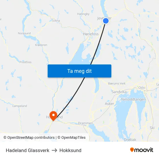Hadeland Glassverk to Hokksund map