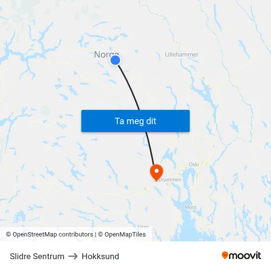 Slidre Sentrum to Hokksund map