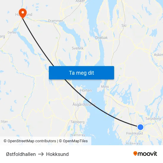 Østfoldhallen to Hokksund map