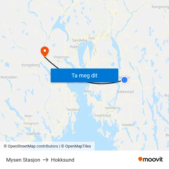 Mysen Stasjon to Hokksund map