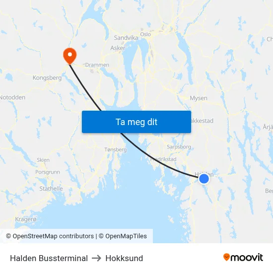 Halden Bussterminal to Hokksund map