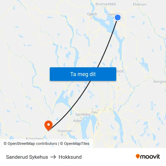 Sanderud Sykehus to Hokksund map