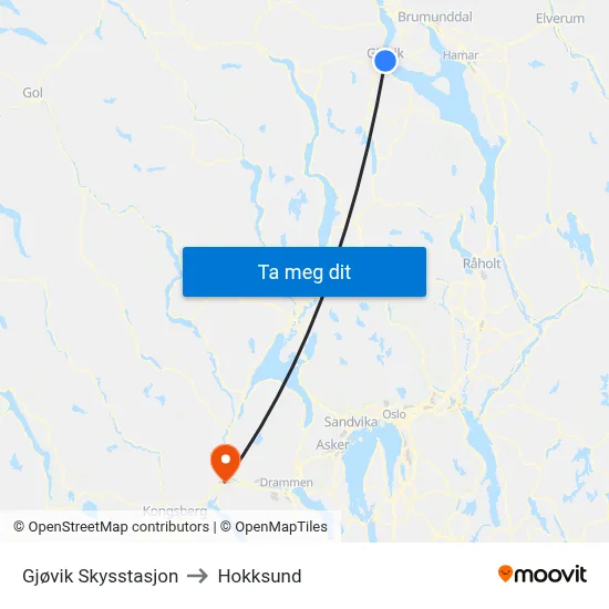 Gjøvik Skysstasjon to Hokksund map