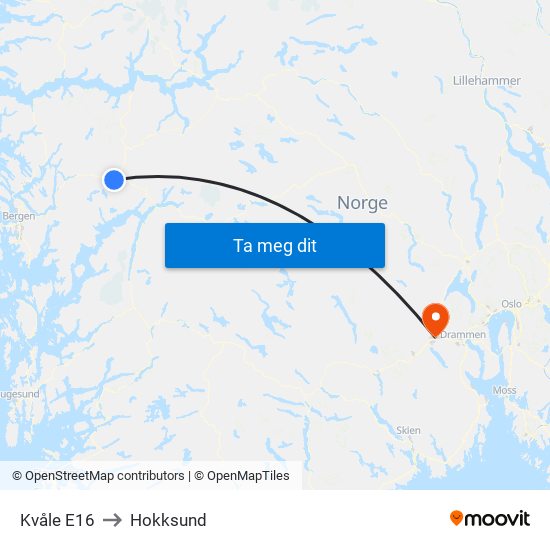 Kvåle E16 to Hokksund map