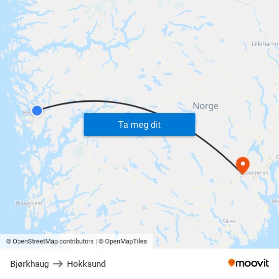 Bjørkhaug to Hokksund map