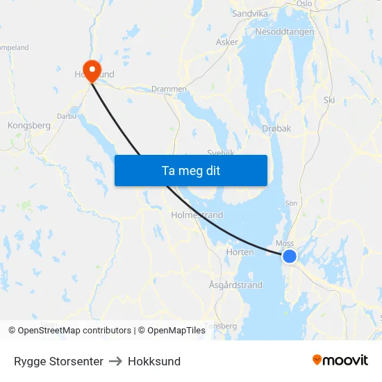 Rygge Storsenter to Hokksund map