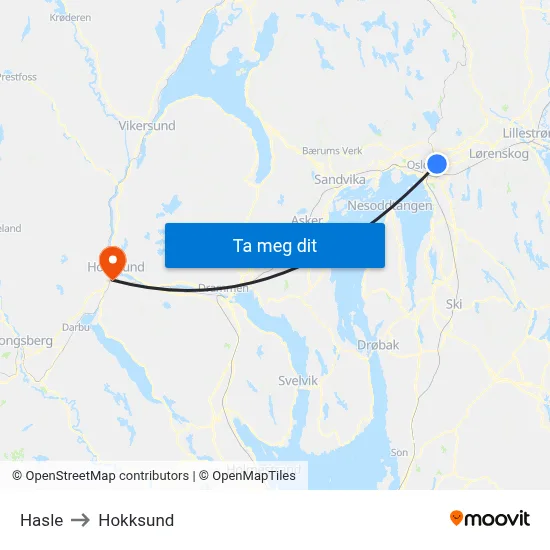 Hasle to Hokksund map