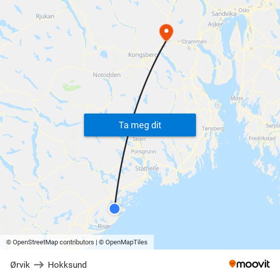 Ørvik to Hokksund map