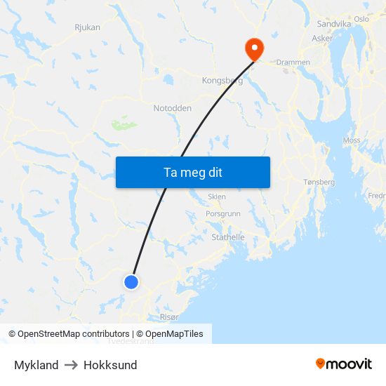 Mykland to Hokksund map