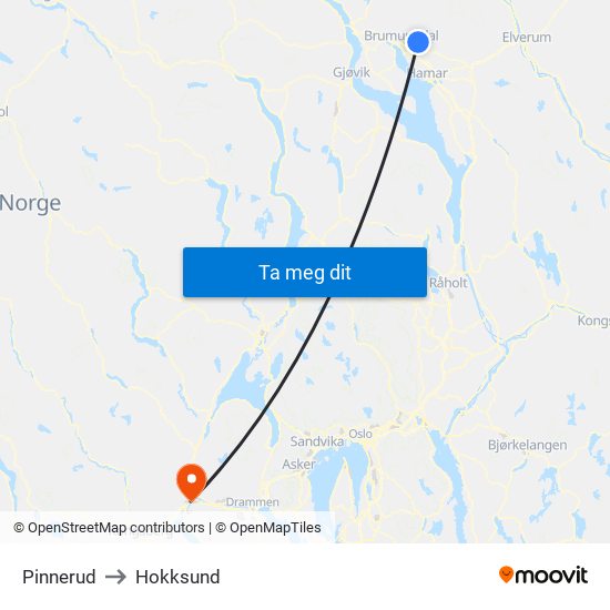 Pinnerud to Hokksund map