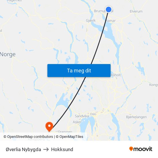 Øverlia Nybygda to Hokksund map