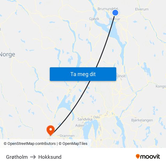 Grøtholm to Hokksund map