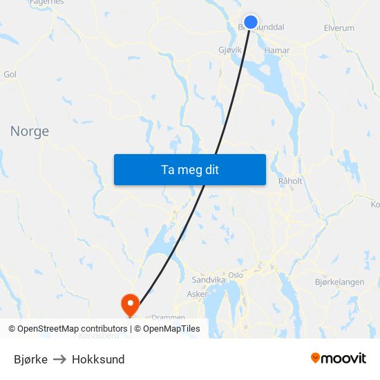 Bjørke to Hokksund map