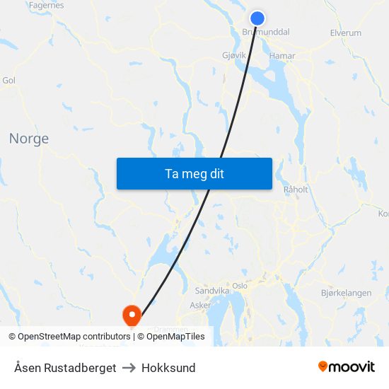 Åsen Rustadberget to Hokksund map