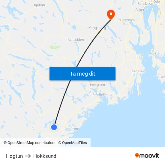 Høgtun to Hokksund map