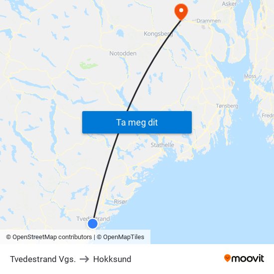 Tvedestrand Vgs. to Hokksund map