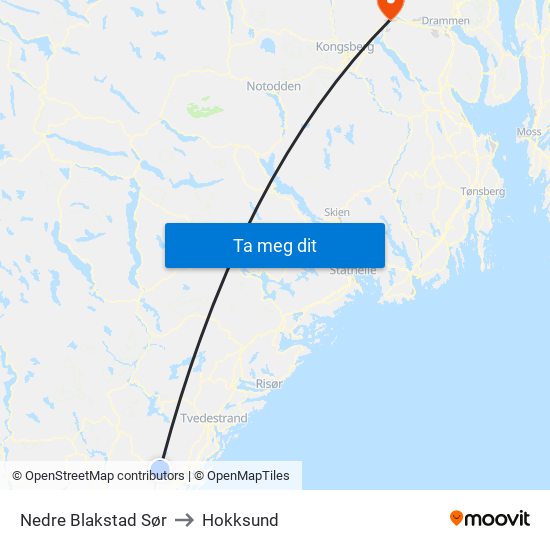Nedre Blakstad Sør to Hokksund map