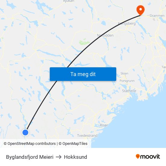 Byglandsfjord Meieri to Hokksund map