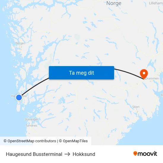 Haugesund Bussterminal to Hokksund map