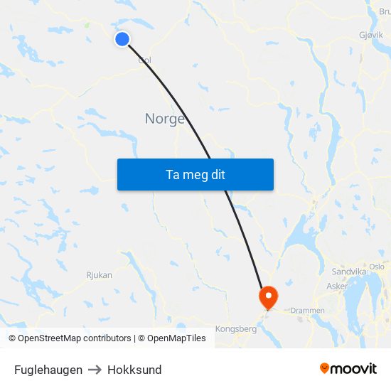 Fuglehaugen to Hokksund map