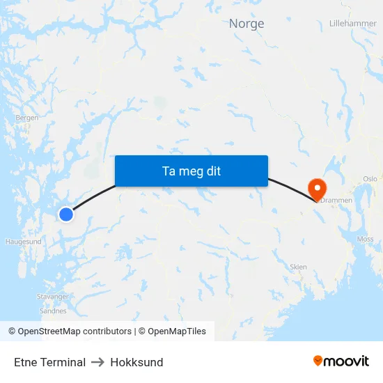 Etne Terminal to Hokksund map