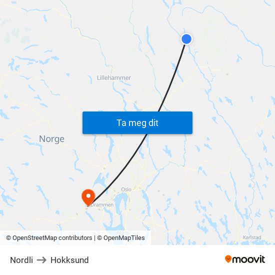 Nordli to Hokksund map