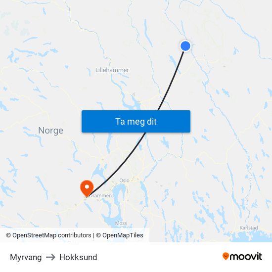 Myrvang to Hokksund map