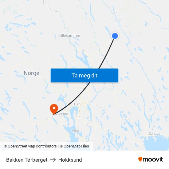 Bakken Tørberget to Hokksund map