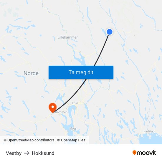 Vestby to Hokksund map
